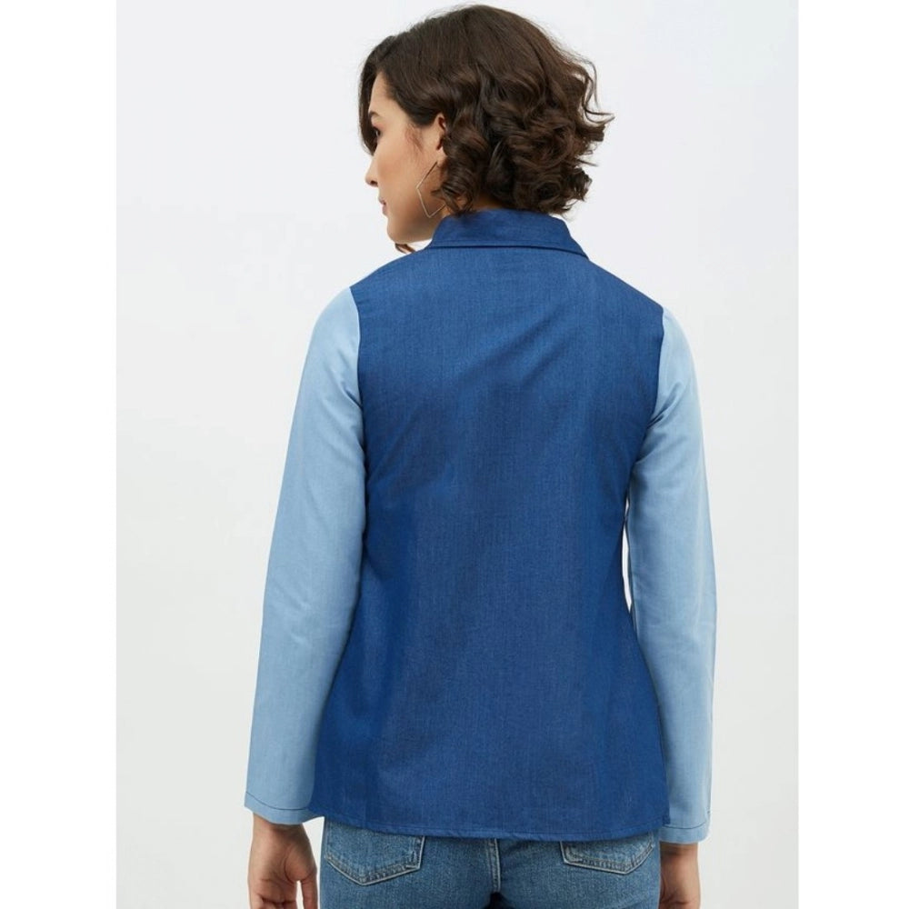Women'S Denim Patch Work Long Sleeves Standard Length Shirt (B