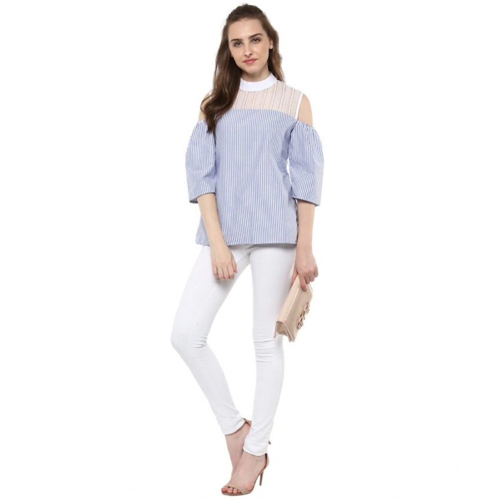 Women'S Cotton Striped Cold Shoulder Top (Blue)