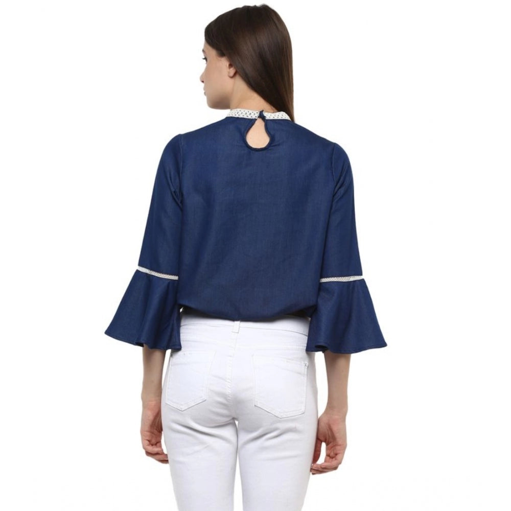 Women'S Polyester Solid Bell Sleeve Regular Top (Blue)