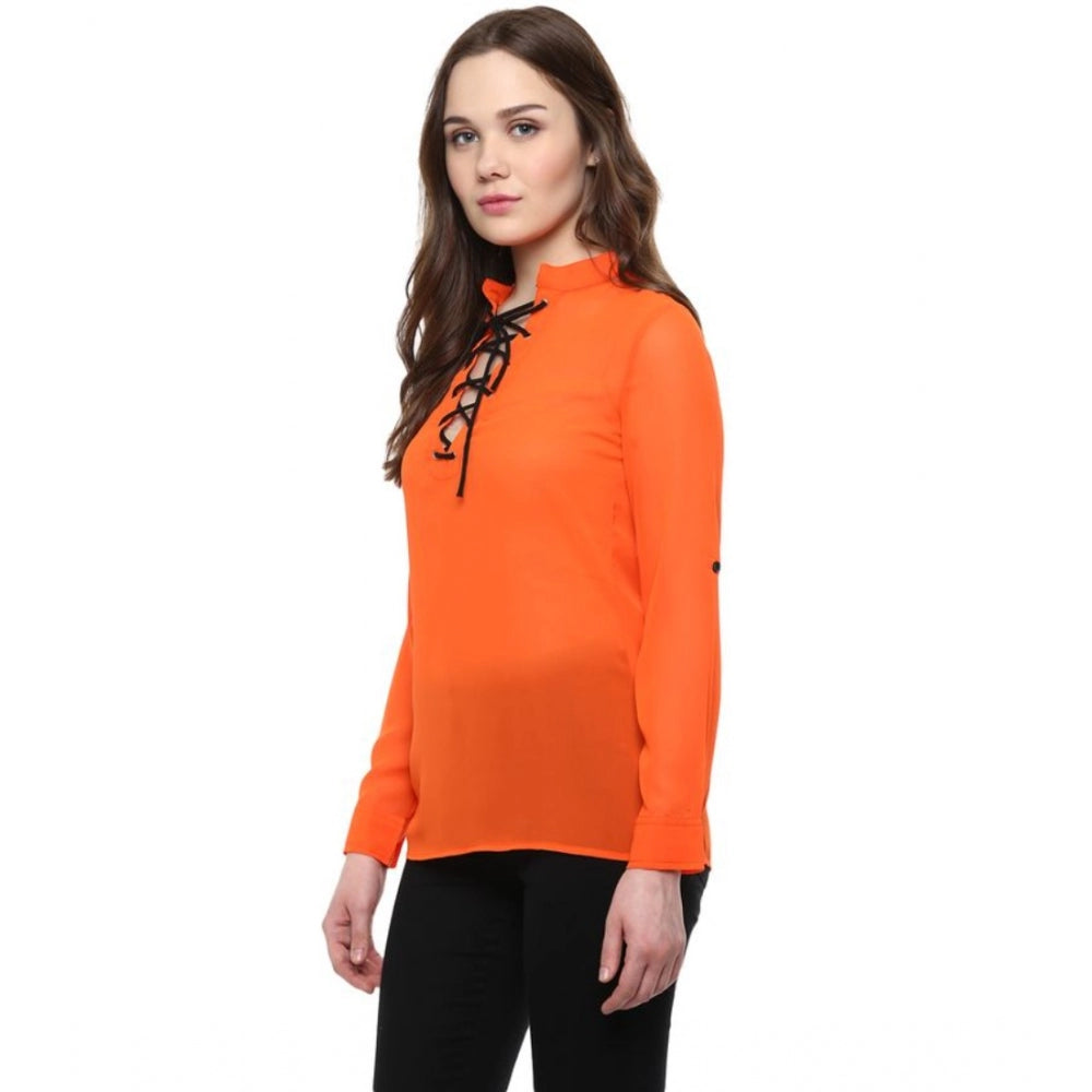 Women'S Polyester Solid Long Sleeves Regular Top (Orange)