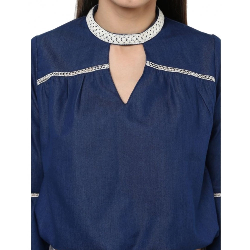 Women'S Polyester Solid Bell Sleeve Regular Top (Blue)