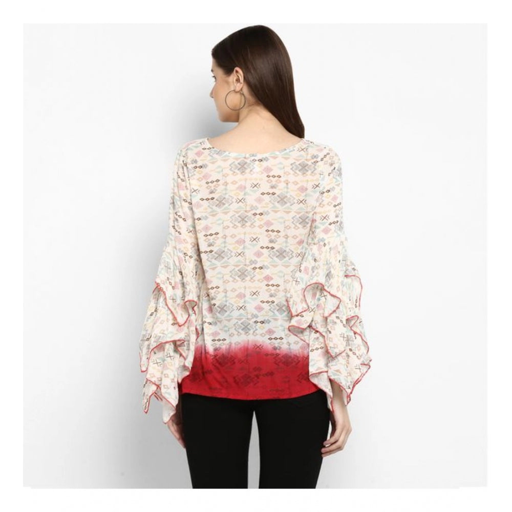 Women'S Rayon Crepe Printed Ruffle Sleeve Top (Off White - Red