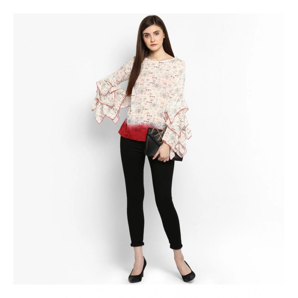 Women'S Rayon Crepe Printed Ruffle Sleeve Top (Off White - Red