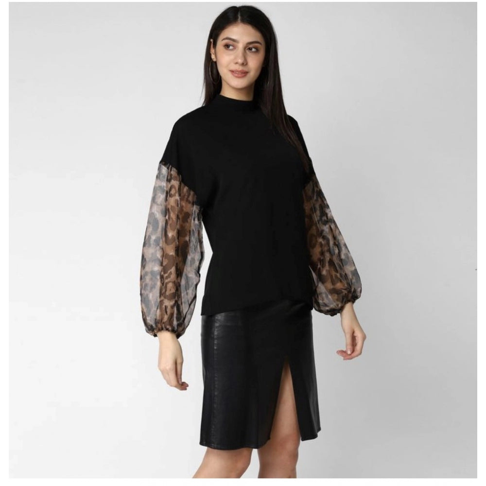 Women'S Polyester Animal Print Long Sleeves Top (Black)