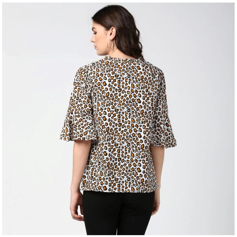 Women'S Polyester Animal Print Bell Sleeve Top (Orange - Black