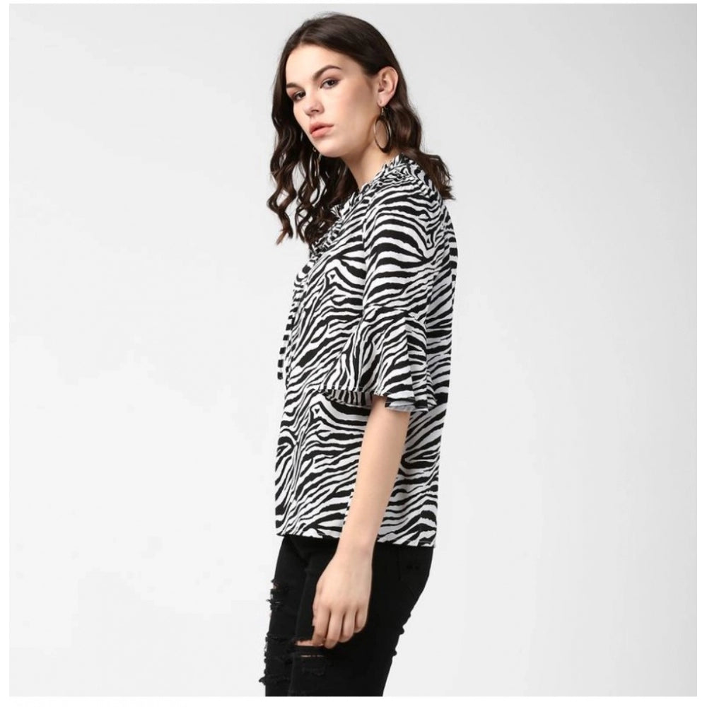Women'S Polyester Animal Print Bell Sleeve Top (Black - White)