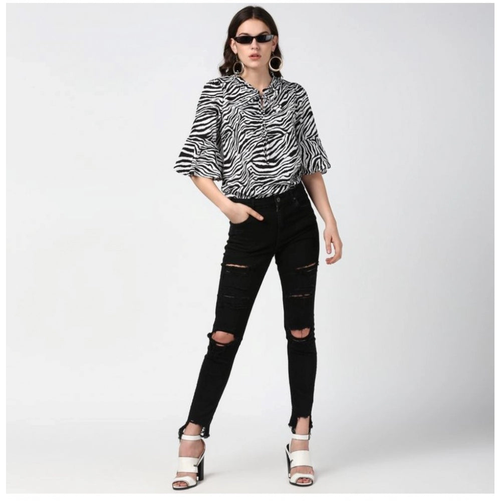 Women'S Polyester Animal Print Bell Sleeve Top (Black - White)