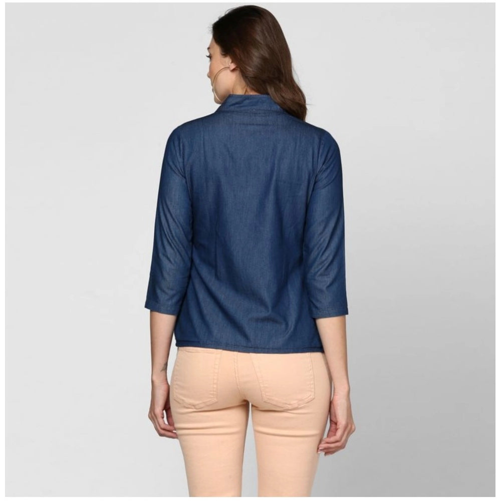 Women'S Denim Solid 3-4Th Sleeves Top (Blue)