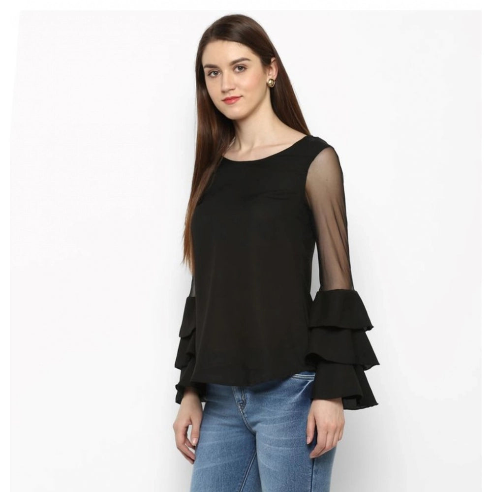 Women'S Polyester Solid Tier Sleeve Top (Black)