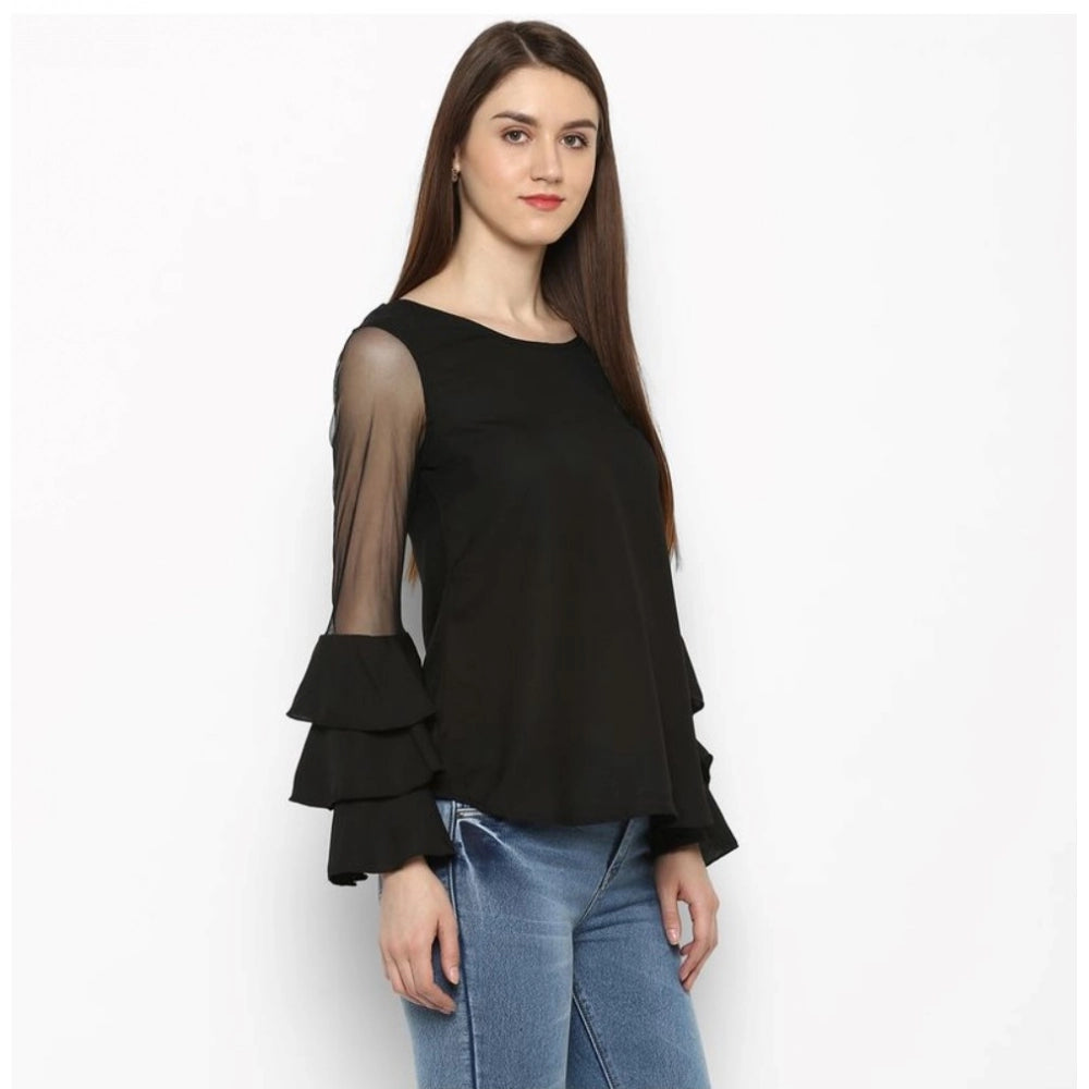 Women'S Polyester Solid Tier Sleeve Top (Black)