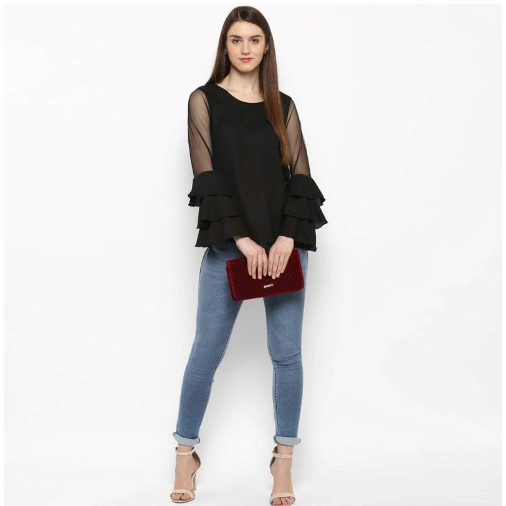 Women'S Polyester Solid Tier Sleeve Top (Black)