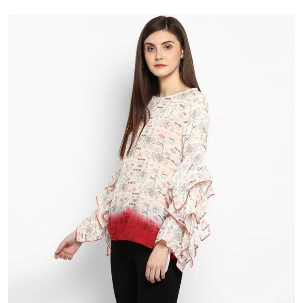 Women'S Rayon Crepe Printed Ruffle Sleeve Top (Off White - Red