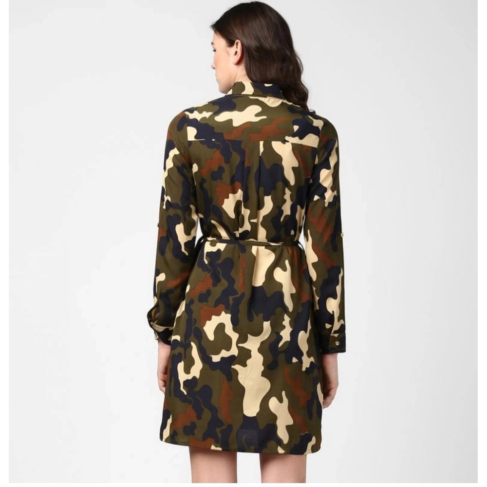 Women'S Polyester Printed Roll Up Sleeve Tunic Top (Green - Bl