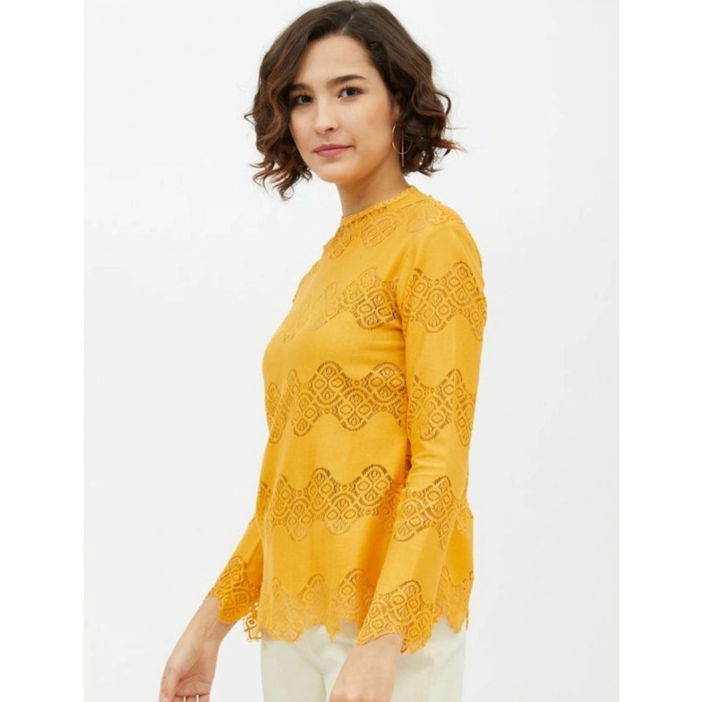 Women'S Cotton Lace Inserts Long Sleeves Top (Yellow)