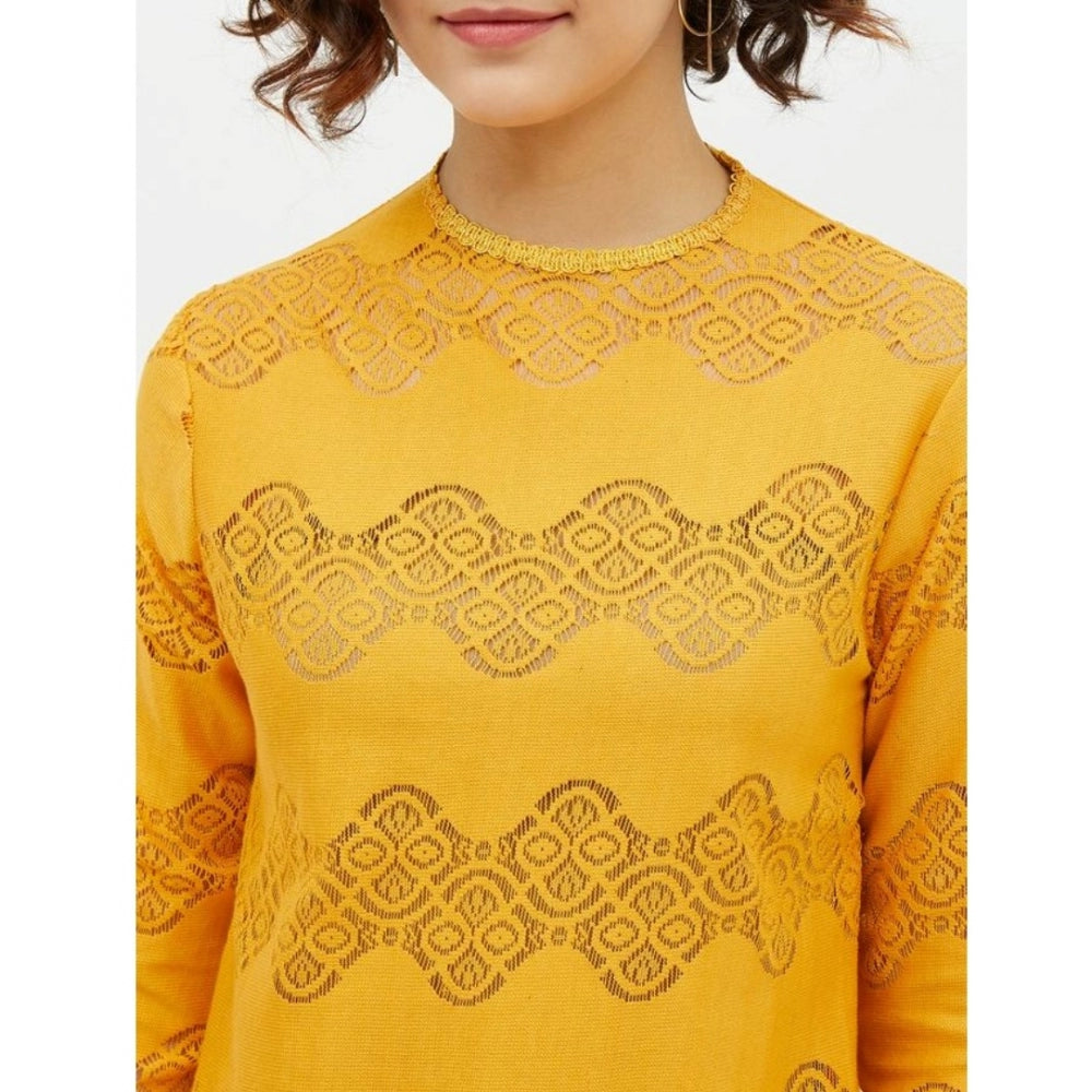 Women'S Cotton Lace Inserts Long Sleeves Top (Yellow)