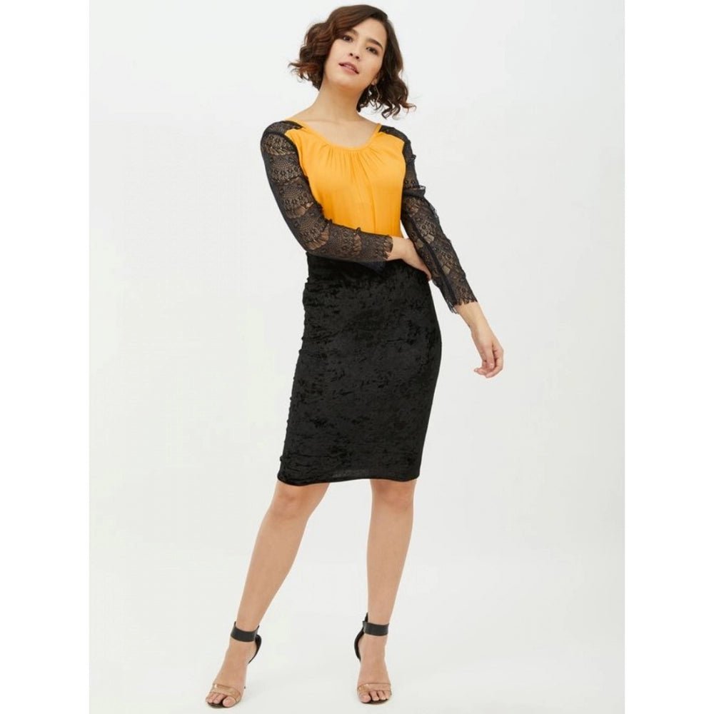 Women'S Rayon Lace Inserts Long Sleeves Top (Yellow)