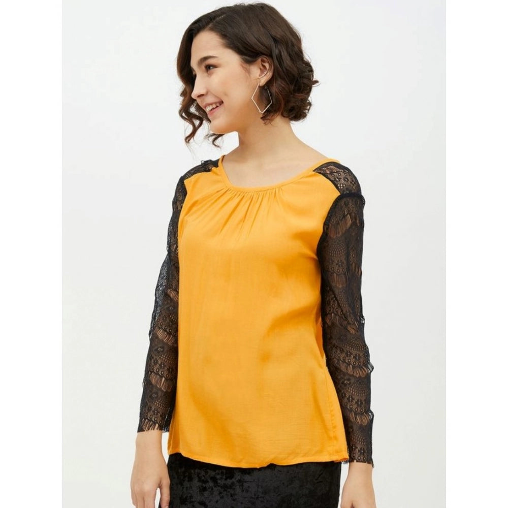 Women'S Rayon Lace Inserts Long Sleeves Top (Yellow)