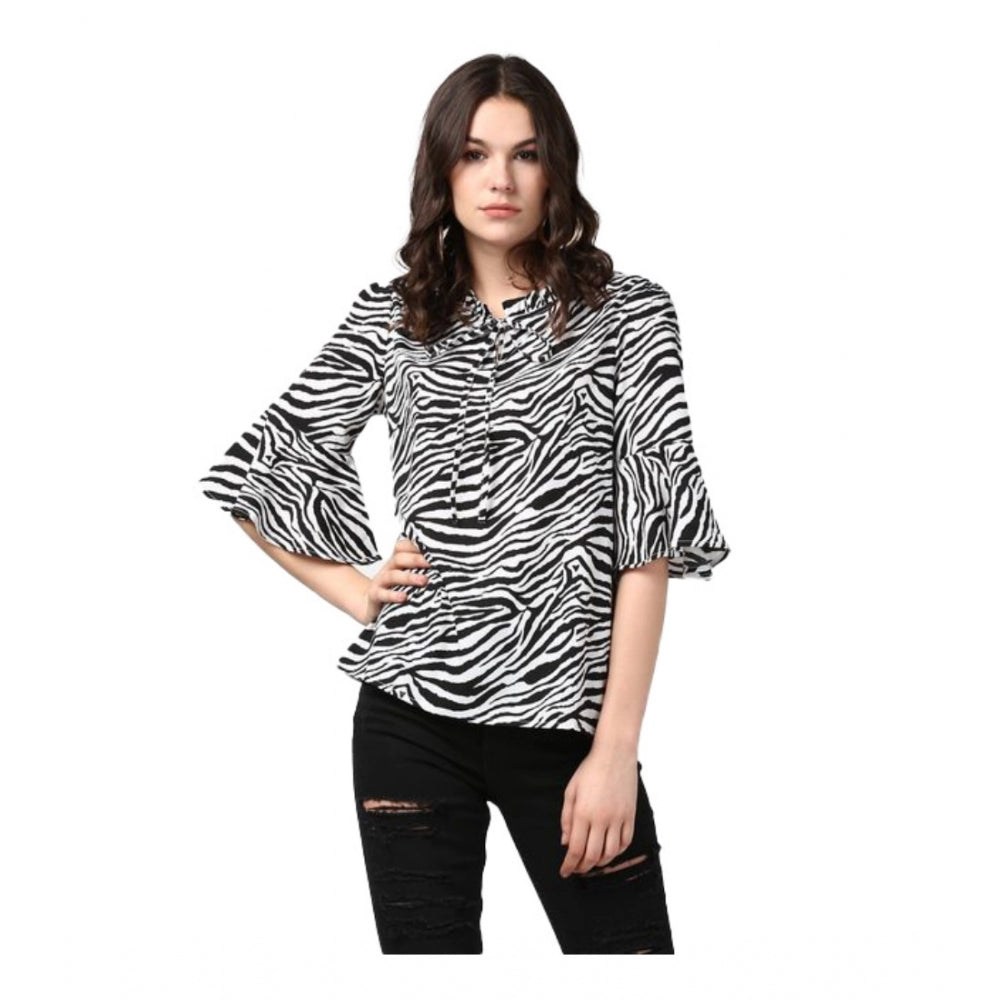 Women'S Polyester Animal Print Bell Sleeve Top (Black - White)