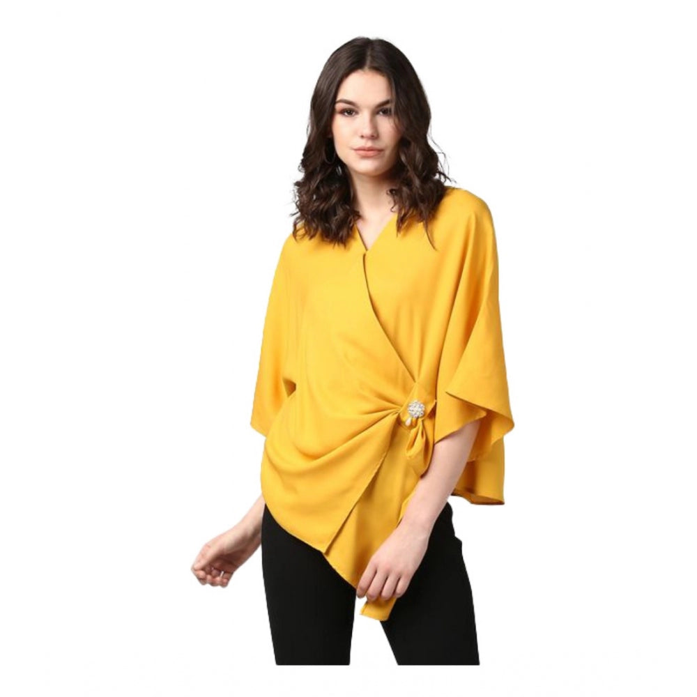 Women'S Polyester Solid Cape Sleeve Top (Yellow)