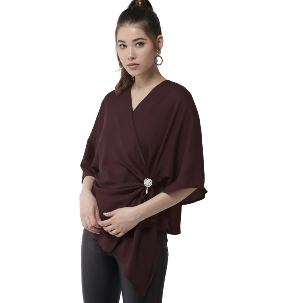 Women'S Polyester Solid Cape Sleeve Top (Maroon)