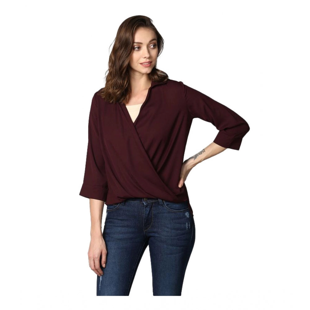 Women'S Polyester Solid 3-4Th Sleeves Top (Maroon)