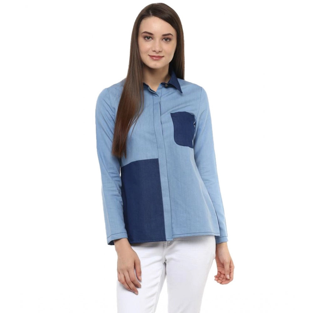 Women'S Denim Patch Work Long Sleeves Regular Top (Blue)