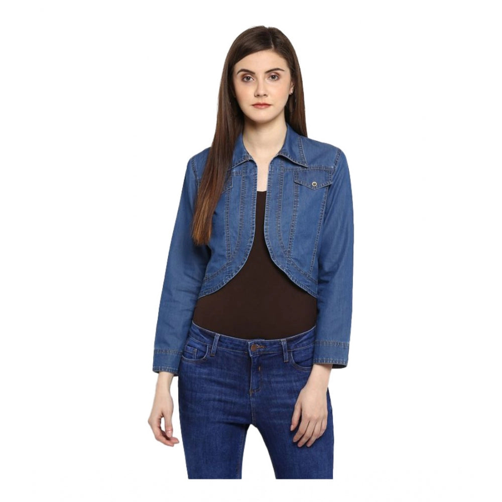 Women'S Denim Solid 3-4Th Sleeves Shrug (Blue)