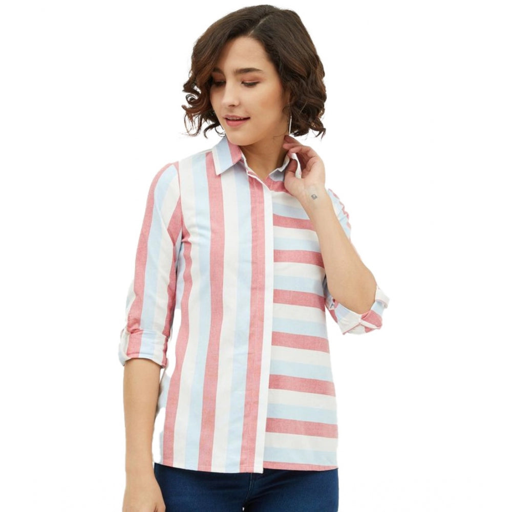 Women'S Cotton Striped Long Sleeves Standard Length Shirt (Pin
