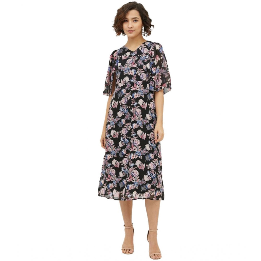 Women'S Polyester Chain Print Cap Sleeve Calf-Length Dress (Mu