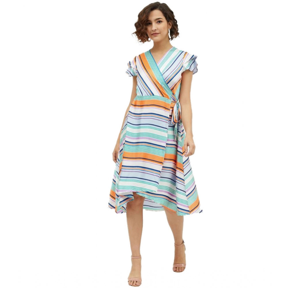 Women'S Satin Striped Short Sleeve Knee-Length Dress (Multicol