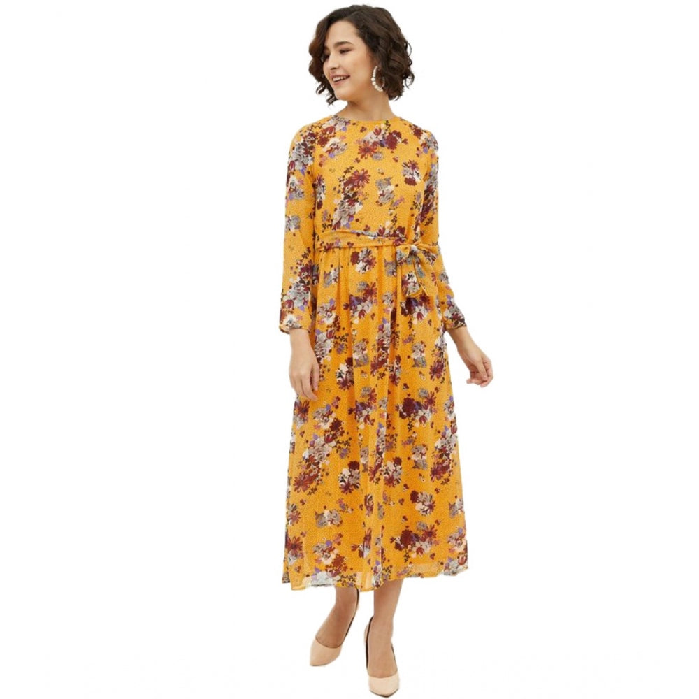 Women'S Polyester Floral Long Sleeves Calf-Length Dress (Multi