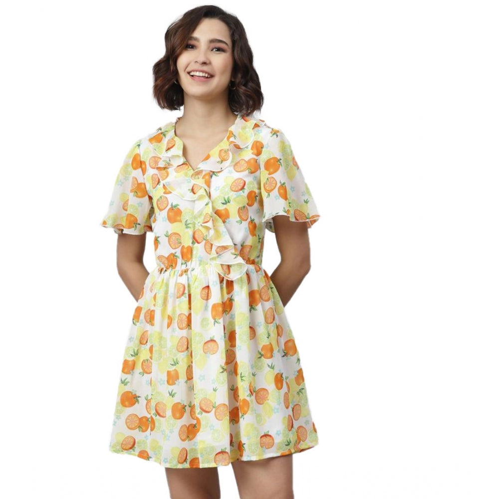 Women'S Polyester Printed Flutter Above Knee Dress (Yellow - O