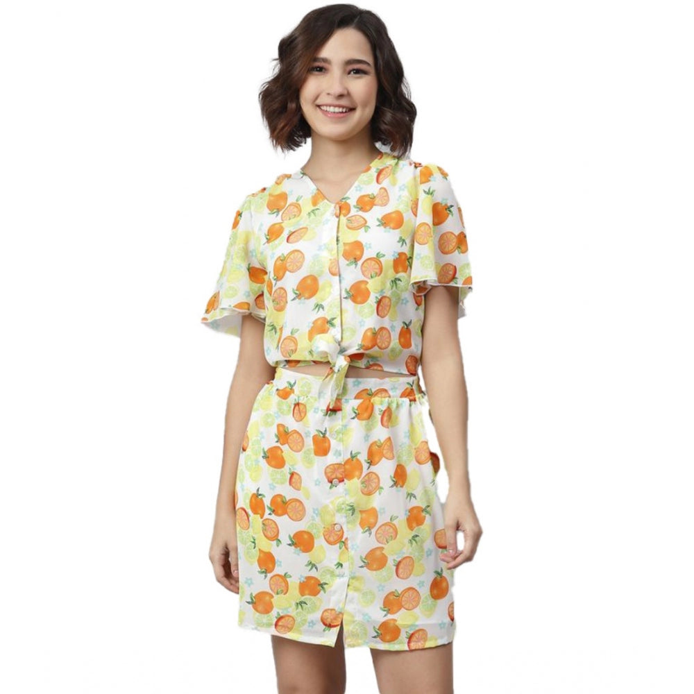 Women'S Polyester Printed Flutter Above Knee Dress (Orange - Y