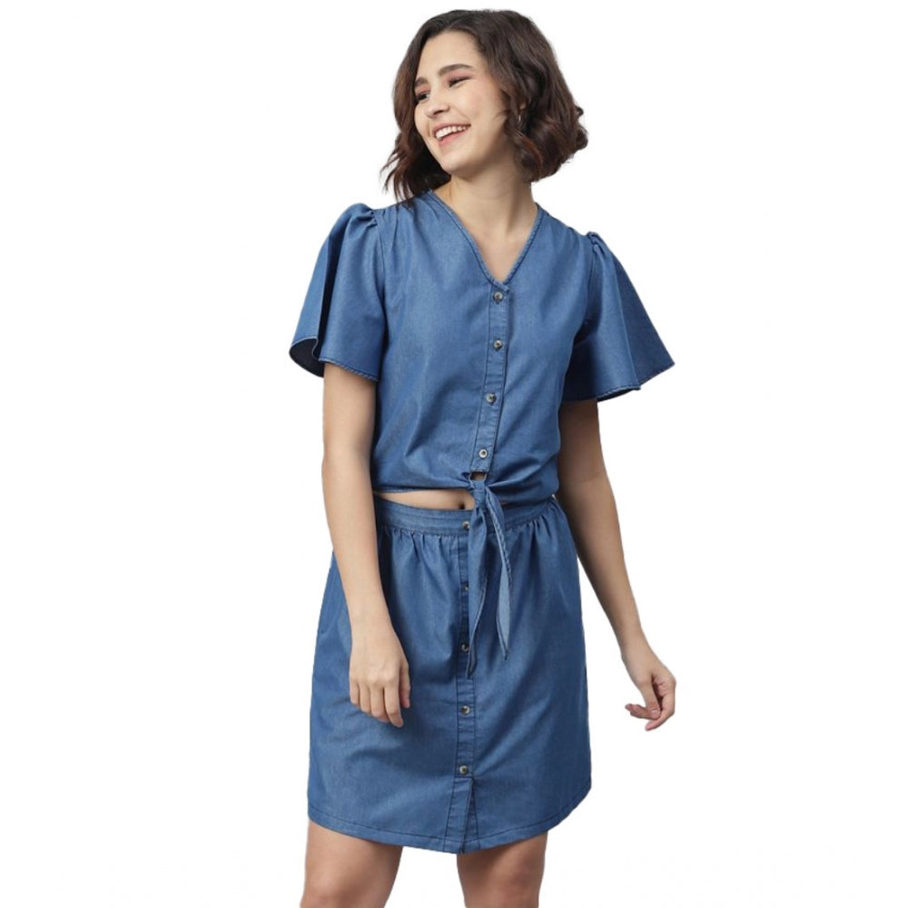 Women'S Denim Solid Flutter Above Knee Dress (Blue)