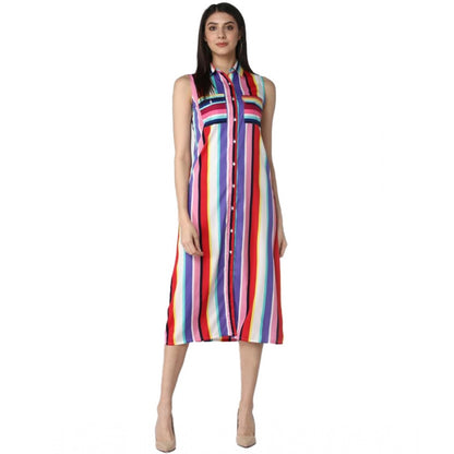 Women's Polyester Striped Sleeveless Calf-length Dress (Multicolor)