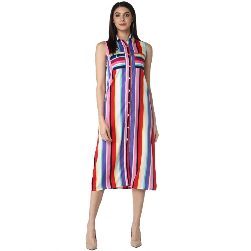 Women'S Polyester Striped Sleeveless Calf-Length Dress (Multic