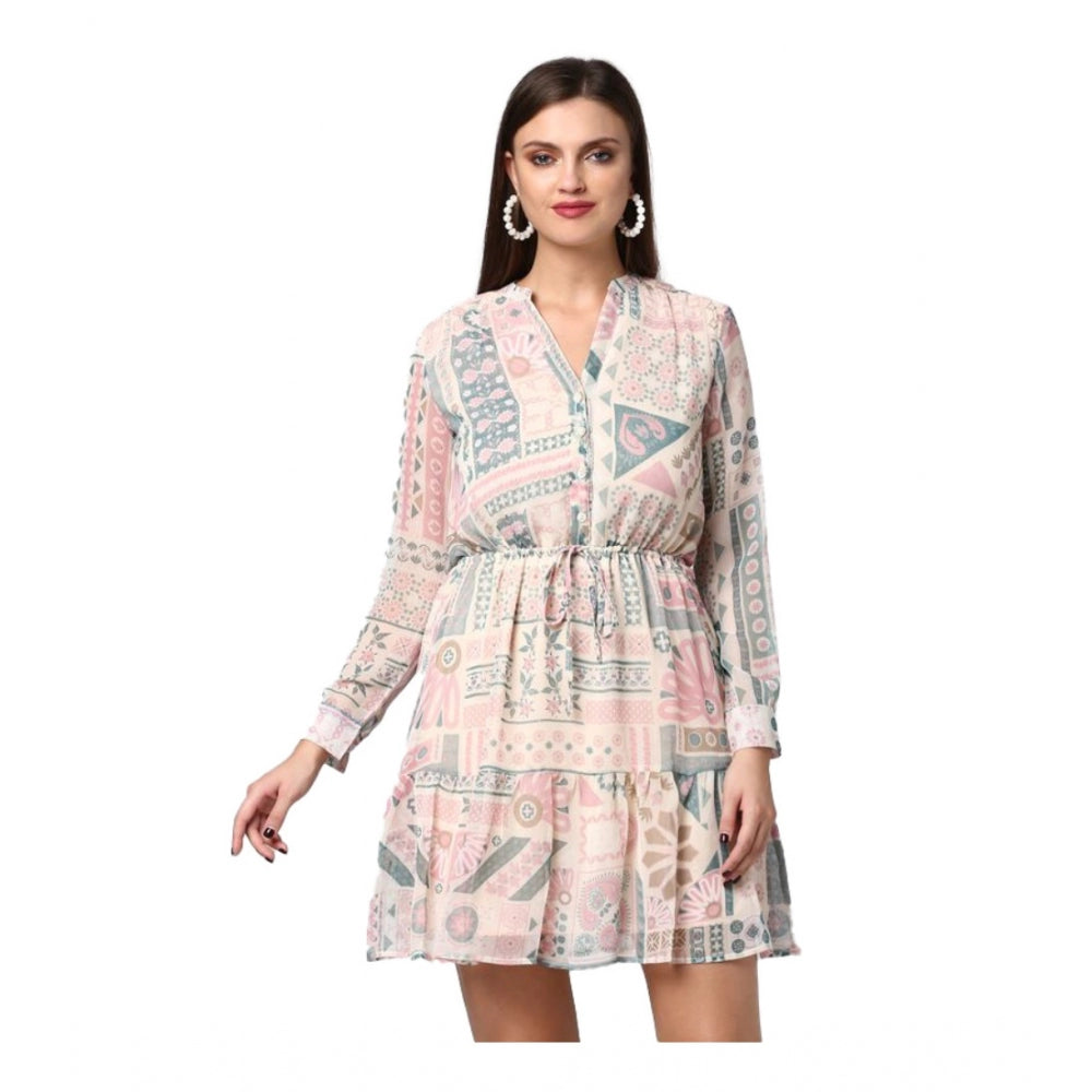 Women'S Polyester Printed Long Sleeves Above Knee Dress (Light