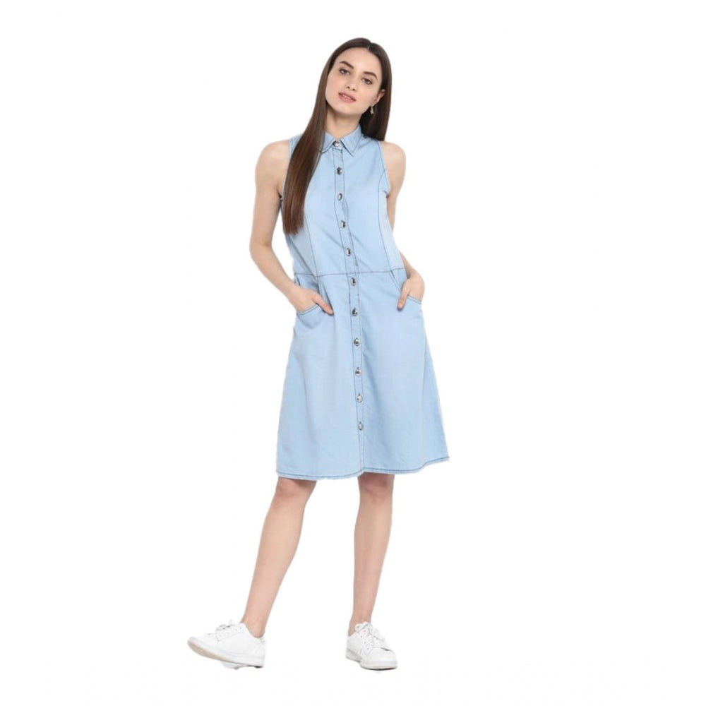 Women'S Denim Solid Sleeveless Below Knee Dress (Blue)