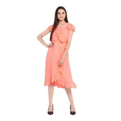 Women's Polyester Ruffled Cap Sleeve Below Knee Dress (Neon Pink)