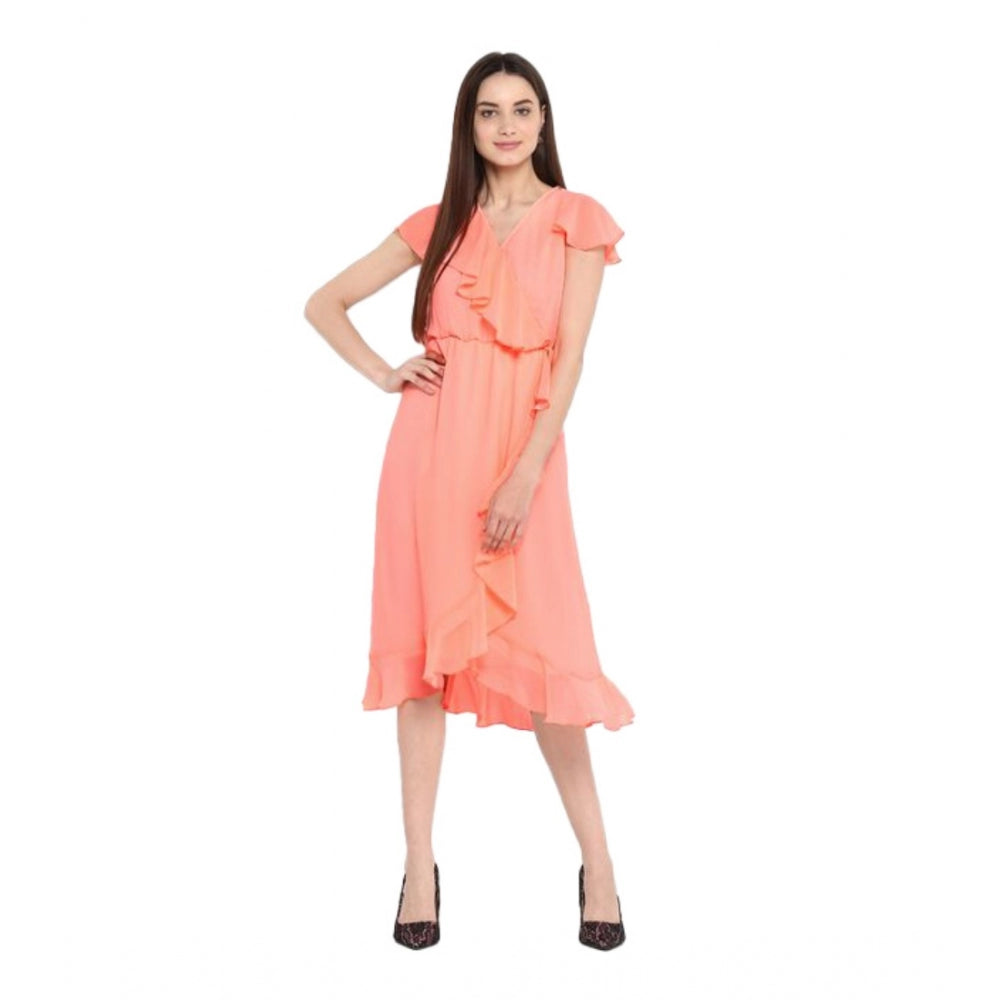 Women'S Polyester Ruffled Cap Sleeve Below Knee Dress (Neon Pi