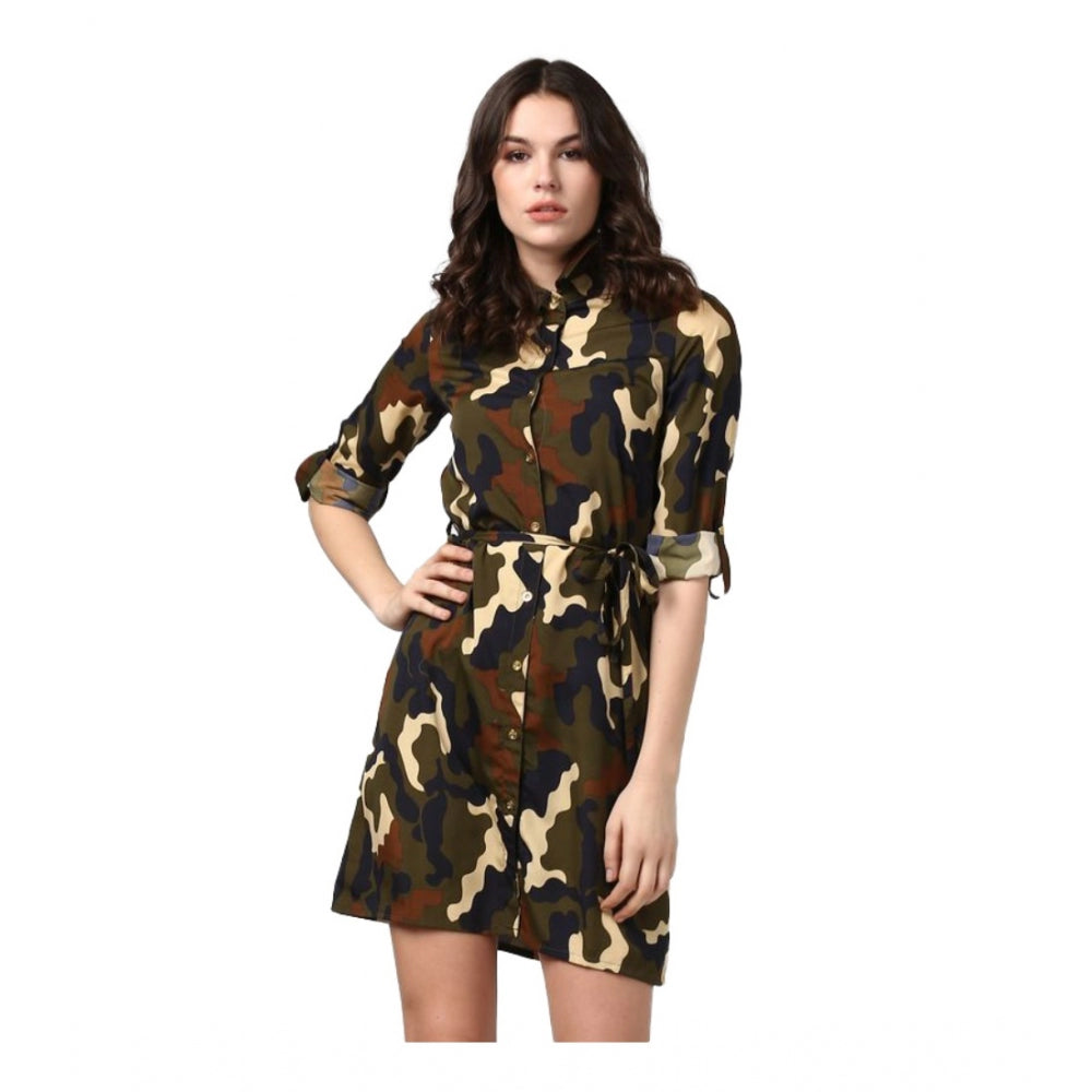 Women'S Polyester Printed Roll Up Sleeve Tunic Top (Green - Bl