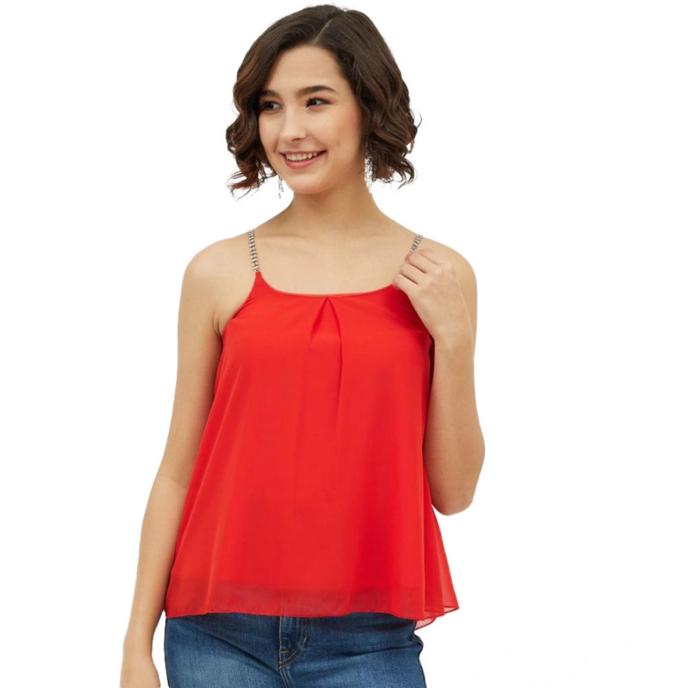 Women'S Polyester Embellished Shoulder Straps Top (Red)