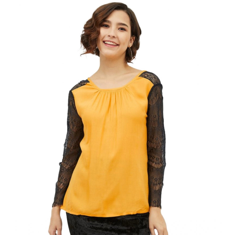 Women'S Rayon Lace Inserts Long Sleeves Top (Yellow)