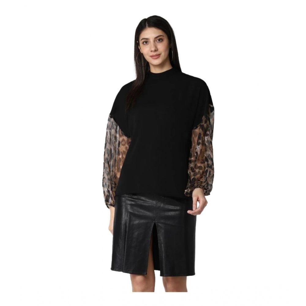 Women'S Polyester Animal Print Long Sleeves Top (Black)