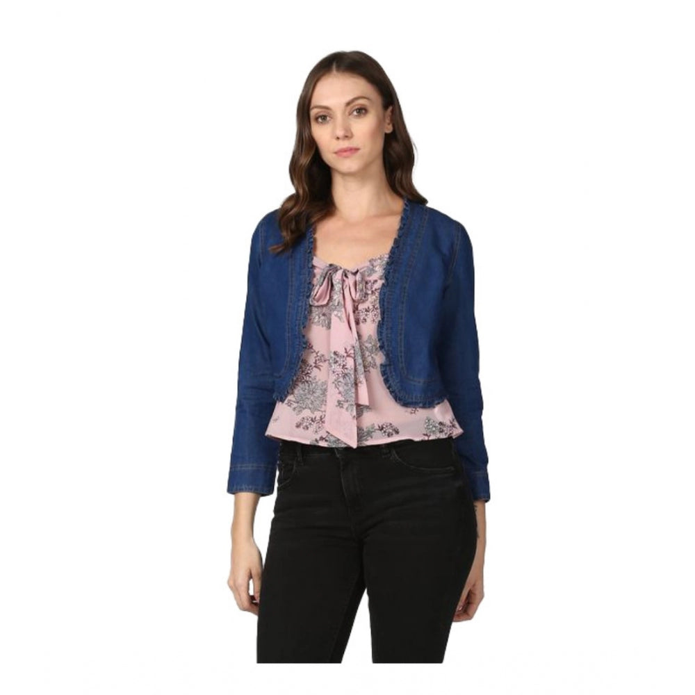 Women'S Denim Ruffled Long Sleeves Shrug (Navy Blue)