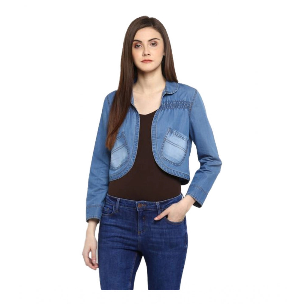 Women'S Denim Smocking 3-4Th Sleeves Shrug (Blue)