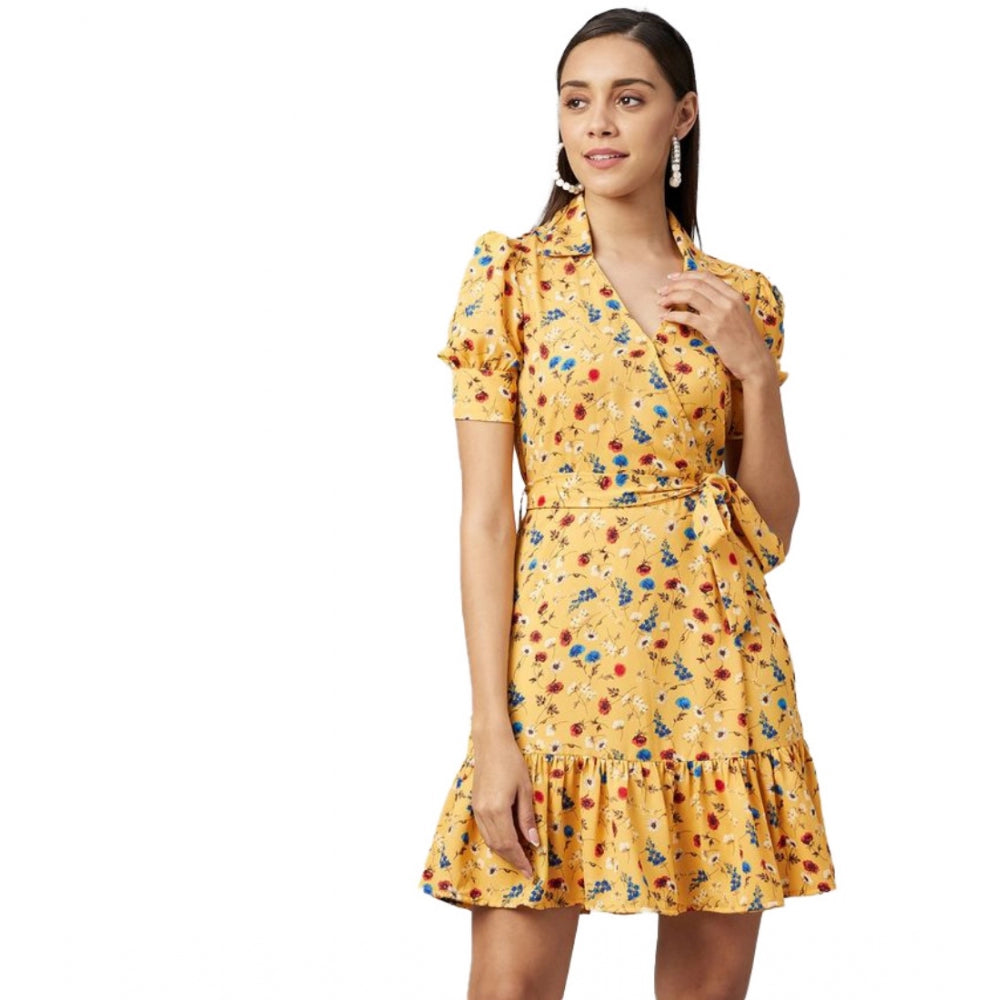 Women'S Polyester Floral Short Sleeve Above Knee Dress (Yellow