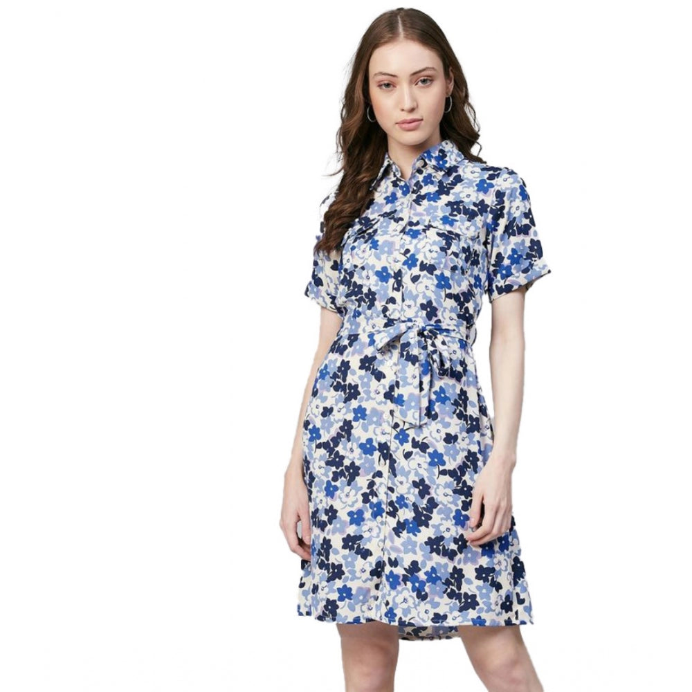Women'S Polyester Floral Short Sleeve Above Knee Dress (Blue