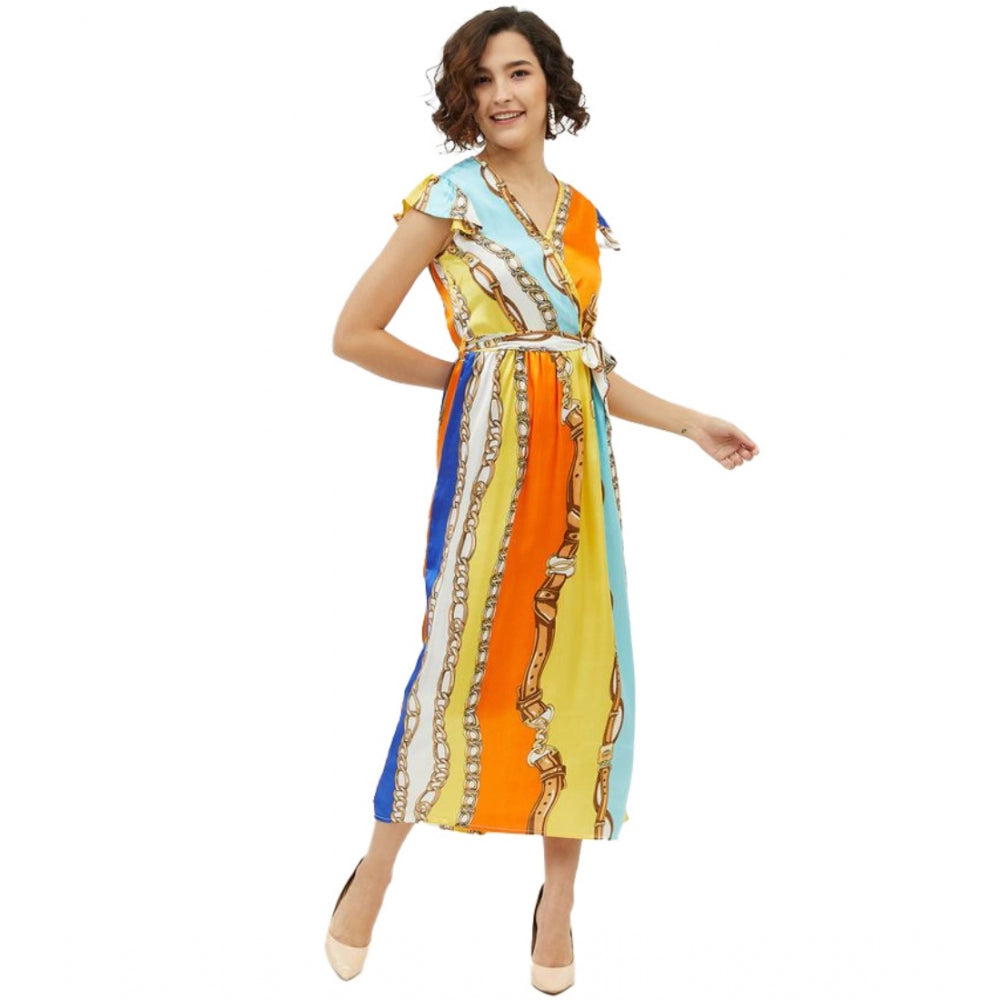 Women'S Satin Chain Print Cap Sleeve Calf-Length Dress (Multic