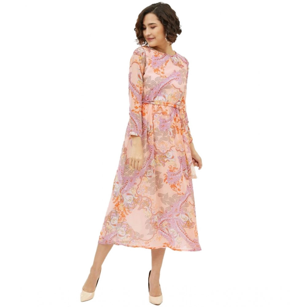 Women'S Polyester Printed Long Sleeves Calf-Length Dress (Mult
